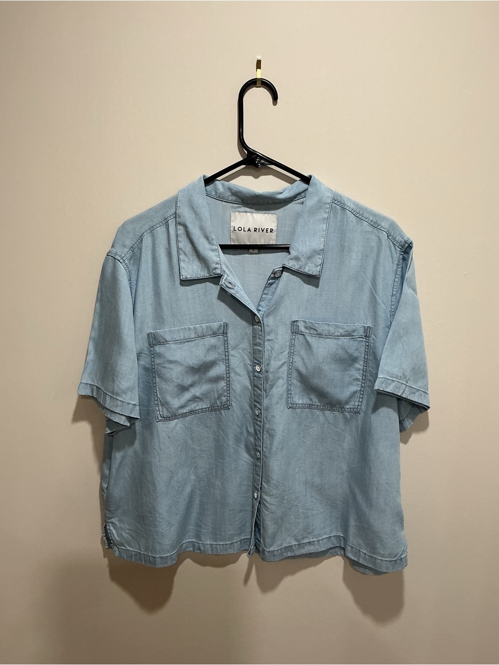 Lola River light wash chambray denim top features a relaxed boxy fit size large
